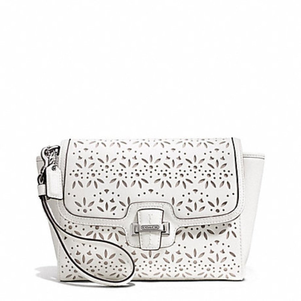 COACH Wristlet Taylor White Leather Eyelet Clutch